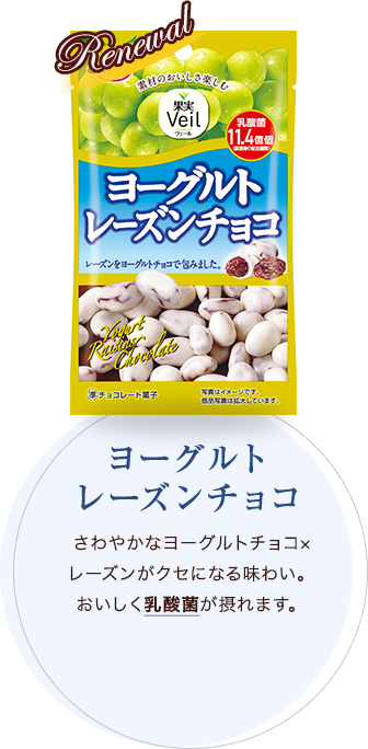 さわやかなヨーグルトチョコ×レーズンがクセになる味わい。おいしく乳酸菌が摂れます。